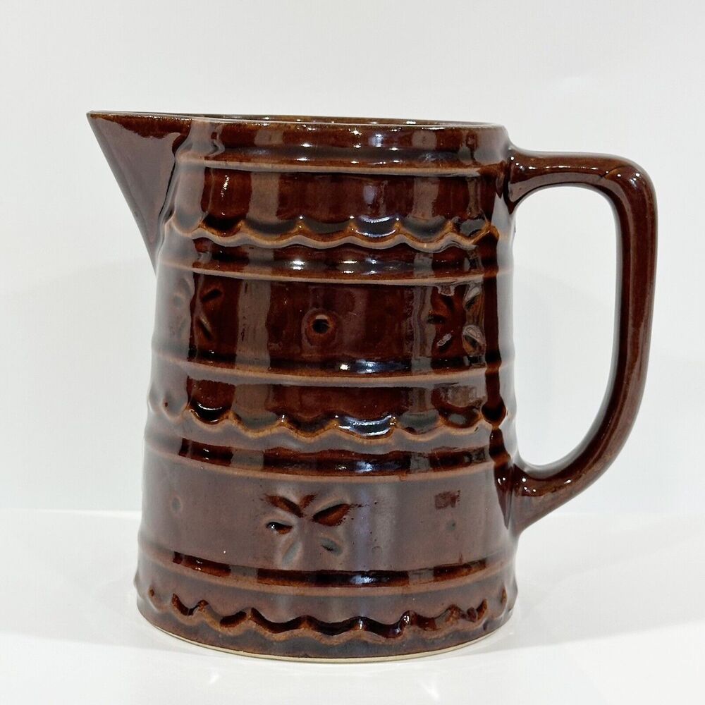 Marcrest Vtg Brown Stonewear Pottery Daisy Dot Farmhouse Rustic Pitcher 6”